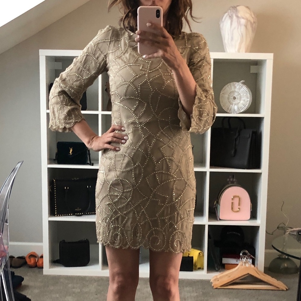 Alice and Olivia tan silk embellished dress